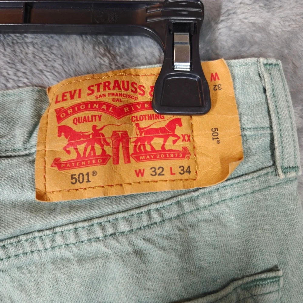 Levi 501 Jeans Mens 32x34 Green White Oak Cone Denim Button Fly Straight Leg